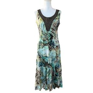 Reba Beaded V Neck Tiered Midi Dress Abstract Print Green Blue Women's Size 6‎